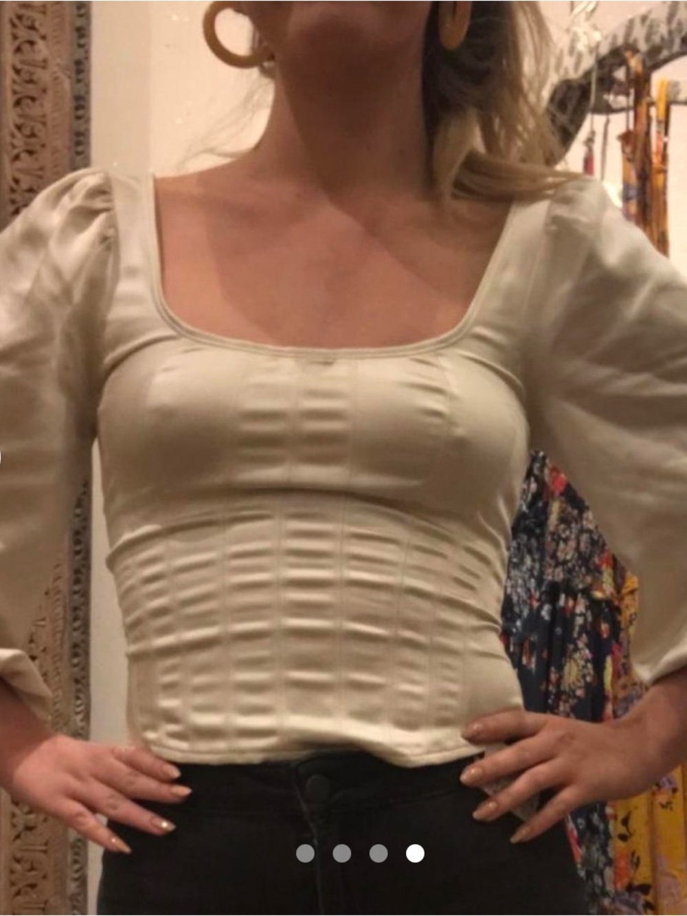 Free People Cream Deep Scoop-Neck Corset Style Puff Sleeve Top